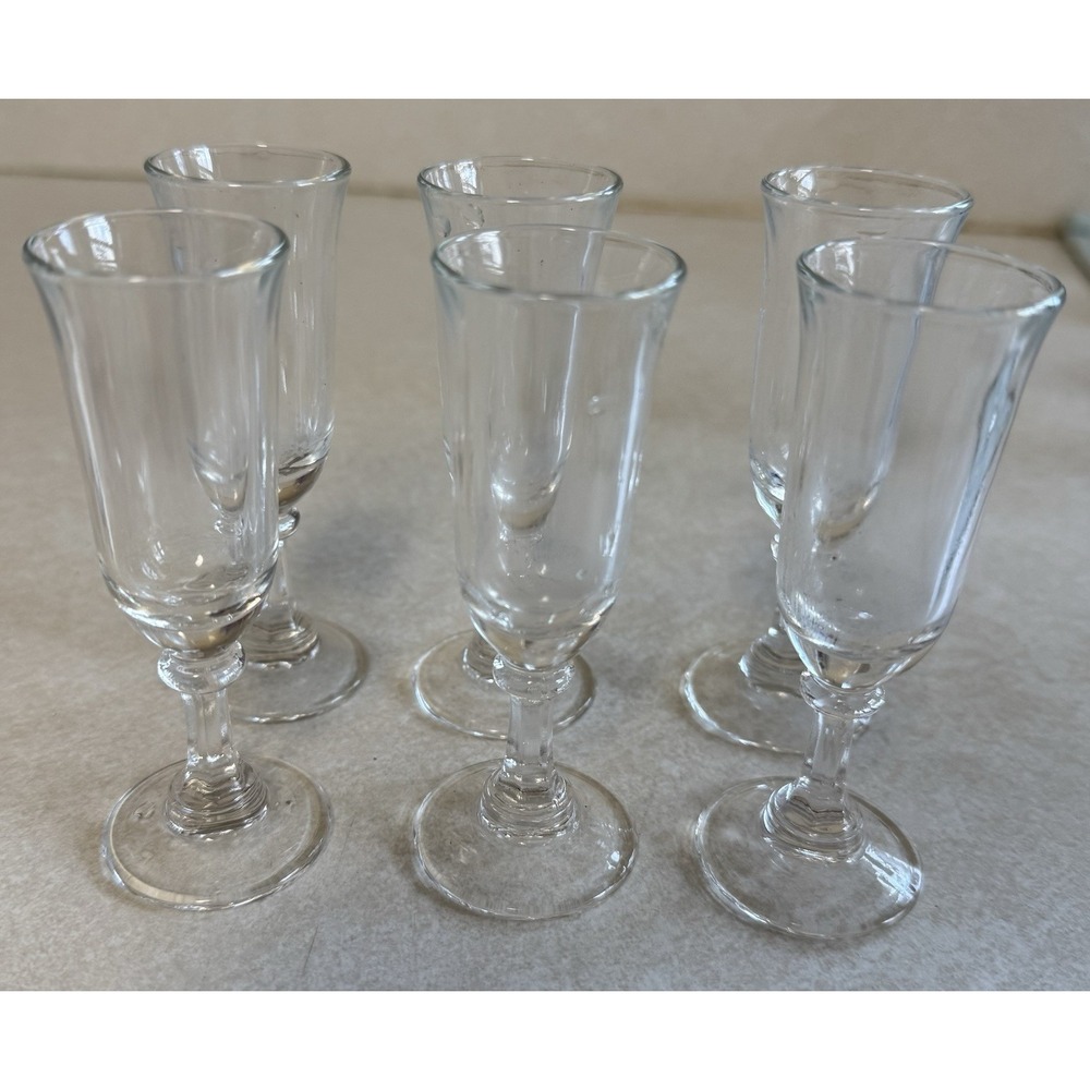 Vintage Set Of 6 Cordial Champagne Sherbet Clear Glass Goblet Wafer Stem 4 1/4"